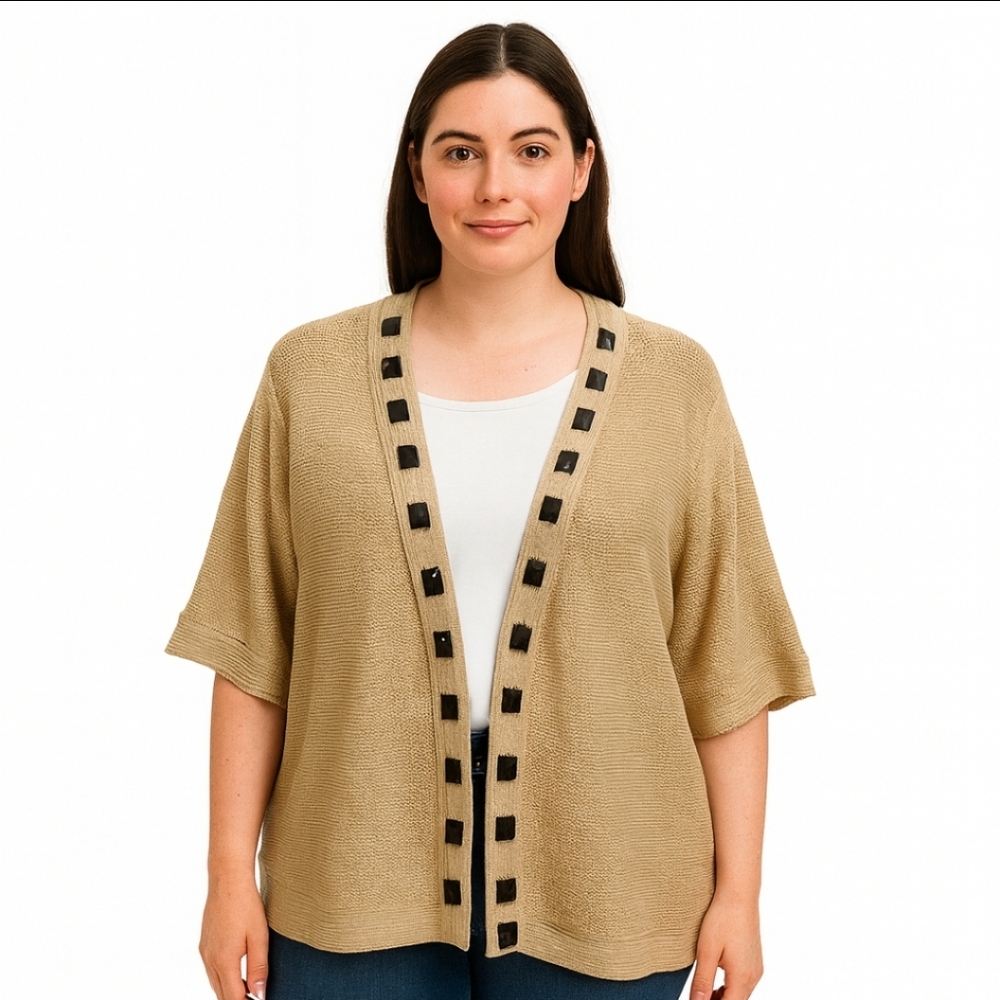 Evan Picone Tan Blackstone Vintage Chunky Knit Fall Cardigan Size 2X